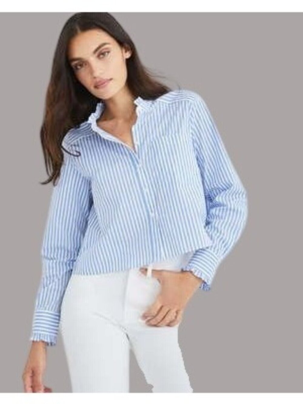 Veronica Beard Blue & White Striped Ruffle Collar Button-Down Shirt Size 6 - Picture 2 of 12